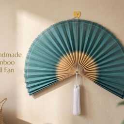 Teal Bamboo Wall Fan, Boho Headboard Decor, Gradient Half Circle Fan With Tassel, Asian Woven Art, Giant Folding Housewarming Gift - thumbnail 2