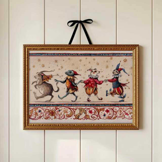 Medieval Folklore Art Print - Dancing Animal Parade Whimsical Manuscript-Style Illustration For Nursery Or Study - image 1