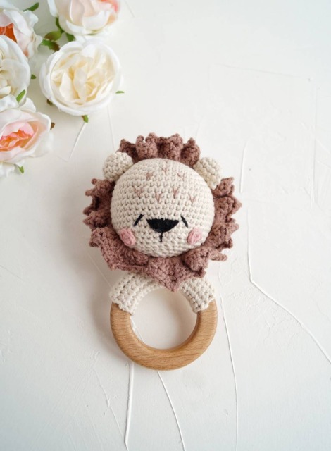 Lion Cotton Toy With Wooden Ring, Safari Baby Shower Gift, Jungle Animal Small Toy, Postpartum Present Basket, Gender Neutral Gift - image 1