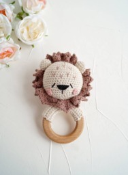 Lion Cotton Toy With Wooden Ring, Safari Baby Shower Gift, Jungle Animal Small Toy, Postpartum Present Basket, Gender Neutral Gift