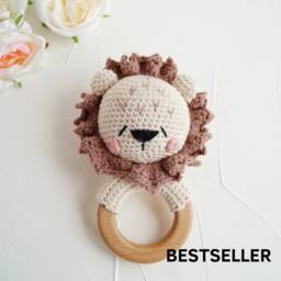 Lion Cotton Toy With Wooden Ring, Safari Baby Shower Gift, Jungle Animal Small Toy, Postpartum Present Basket, Gender Neutral Gift - thumbnail 2