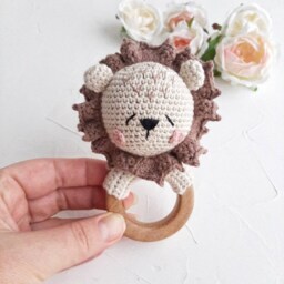 Lion Cotton Toy With Wooden Ring, Safari Baby Shower Gift, Jungle Animal Small Toy, Postpartum Present Basket, Gender Neutral Gift - thumbnail 3