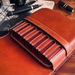 Dark Honey Leather 7-Pen Case Luxury Personalized Fountain Pen Holder, Premium Pouch - thumbnail 2