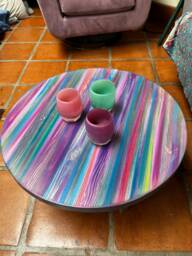 Multi Coloured Old Boat Wood Style Coastal Cottage Coffee Table Candy Stripe Colours 60 cm Diameter + 4 X 16