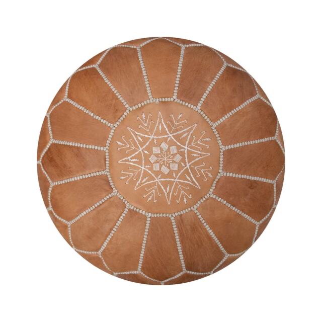 Artisanal Moroccan Leather Pouffe - Handmade Delivered Stuffed Ottoman, Footstool, Floor Cushion - Natural Brown - image 1