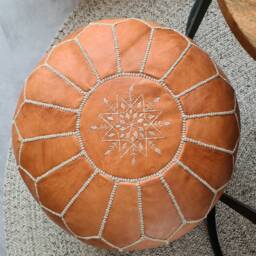 Artisanal Moroccan Leather Pouffe - Handmade Delivered Stuffed Ottoman, Footstool, Floor Cushion - Natural Brown - thumbnail 3
