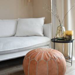 Artisanal Moroccan Leather Pouffe - Handmade Delivered Stuffed Ottoman, Footstool, Floor Cushion - Natural Brown - thumbnail 2