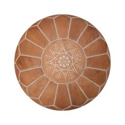 Artisanal Moroccan Leather Pouffe - Handmade Delivered Stuffed Ottoman, Footstool, Floor Cushion - Natural Brown - thumbnail 1