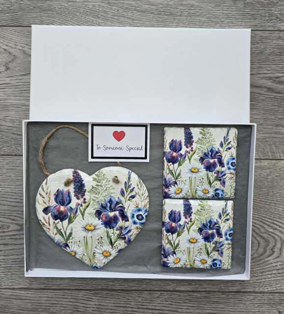Decoupage Slate Meadow Flower Wall Hanging With Coasters Rustic Home Decor - image 1