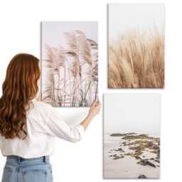 3 Piece Canvas Set - Pampas Grass Fields & A Boho Beach, Beige Wall Art Print, Landscapes Hanging - thumbnail 3
