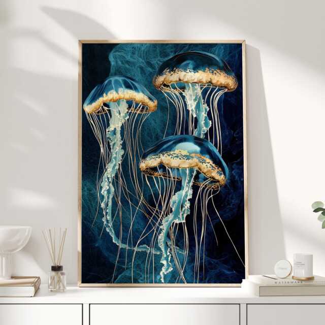 Jelly Fish Art, Teal Wall Navy Blue Dark Jellyfish, Squid, Ocean Print - image 1