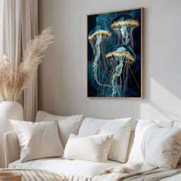 Jelly Fish Art, Teal Wall Navy Blue Dark Jellyfish, Squid, Ocean Print - thumbnail 2