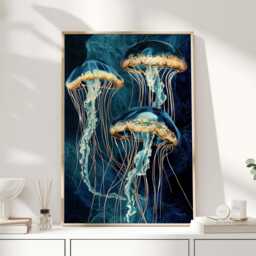Jelly Fish Art, Teal Wall Navy Blue Dark Jellyfish, Squid, Ocean Print - thumbnail 1