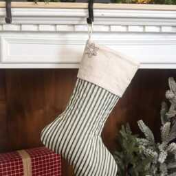 Personalized Quilted Christmas Stocking, Green Ticking Stripe, Farmhouse Decor - thumbnail 3