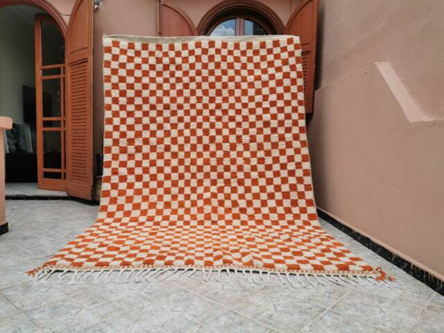 Hand Knotted Moroccan Berber Wool Rug, Orange & White Checkered Pattern - image 1
