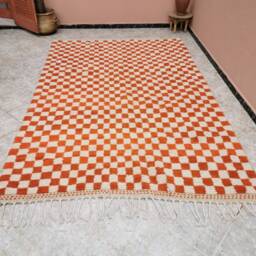 Hand Knotted Moroccan Berber Wool Rug, Orange & White Checkered Pattern - thumbnail 3