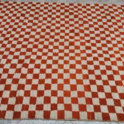 Hand Knotted Moroccan Berber Wool Rug, Orange & White Checkered Pattern - thumbnail 2