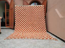 Hand Knotted Moroccan Berber Wool Rug, Orange & White Checkered Pattern - thumbnail 1