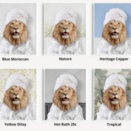 Lion in A Bathrobe Print, Bathing, Funny Bathroom Animal Towel On Head, Bath Robe, Whimsy - thumbnail 3