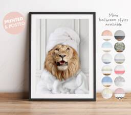 Lion in A Bathrobe Print, Bathing, Funny Bathroom Animal Towel On Head, Bath Robe, Whimsy - thumbnail 1