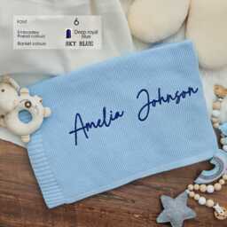 Personalized Organic Cotton Knit Baby Blanket, Embroidered Name, Keepsake Gift