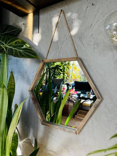 Hexagonal Wood Mirror - Trendy Home Decor Rustic Natural Wall Hanging Mirror Hexagon Large Size Solid Wood - image 1