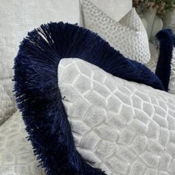 Handmade Navy Fringe Lumbar Cushion, Origami Grey Decorative Pillow - 12x20 - thumbnail 2