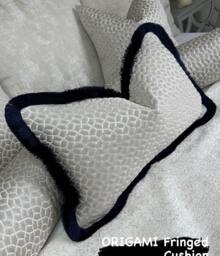 Handmade Navy Fringe Lumbar Cushion, Origami Grey Decorative Pillow - 12x20