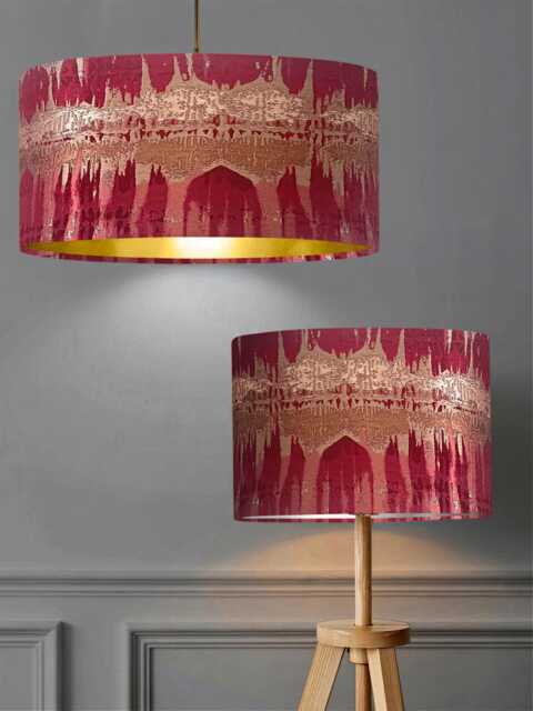 New Luxury Premium Quality Drum Abstract Design Inca Fabric Lamp Shade Pendant Light Red With Metallic Linings - image 1