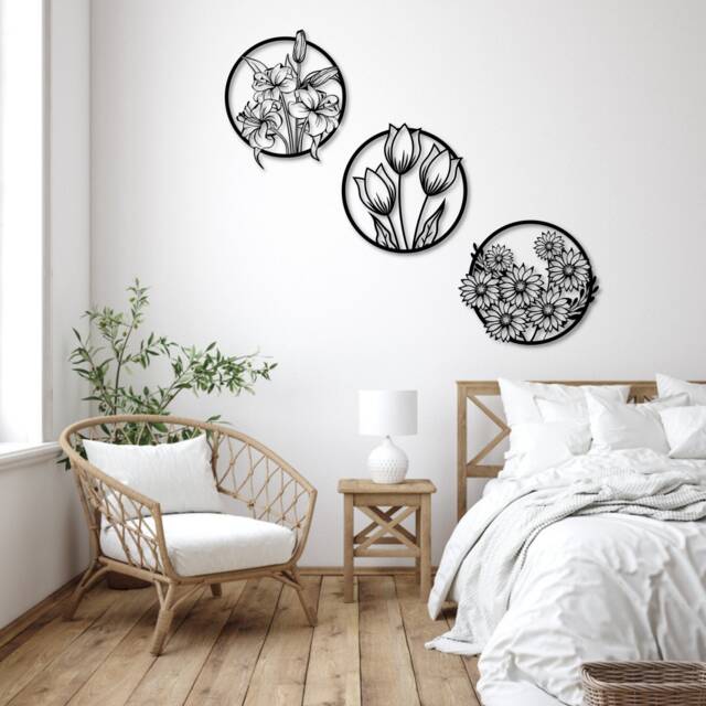 3 Piece Set Flowers Metal Wall Art, Decor, Home Decoration, Housewarming Gift, Living Room Art, Girfriend Gift, New Her Gift