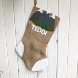 Mountain Themed Natural Burlap Christmas Stocking-Personalize/Custom-Woodland Christmas-Cabin/Lodge Decor-Rustic-Mountain Lovers