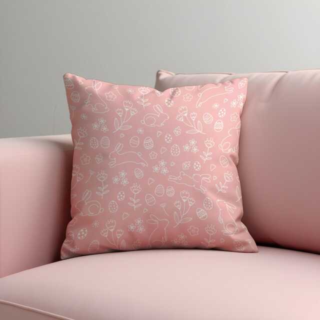 Easter Cushion Cover, Blush Pink Bunny Line Art Pillow Case, Minimal Spring Rabbit Pattern, Nursery Sofa Decor - image 1