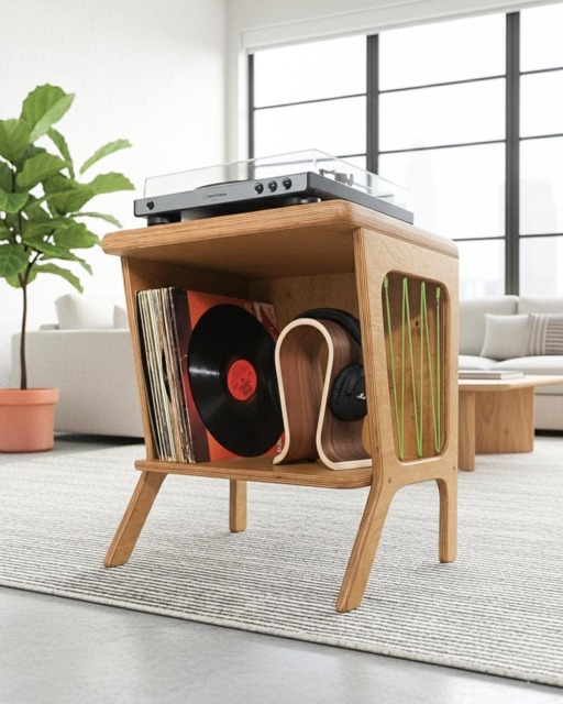 Mid-Century Modern Record Player Stand, Vinyl Storage Cabinet, Turntable , Plywood End Table - image 1