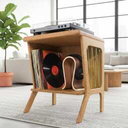 Mid-Century Modern Record Player Stand, Vinyl Storage Cabinet, Turntable , Plywood End Table - thumbnail 2