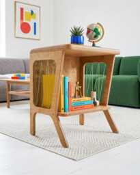 Mid-Century Modern Record Player Stand, Vinyl Storage Cabinet, Turntable , Plywood End Table - thumbnail 1