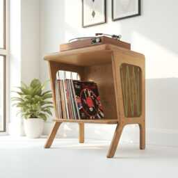 Mid-Century Modern Record Player Stand, Vinyl Storage Cabinet, Turntable , Plywood End Table - thumbnail 2
