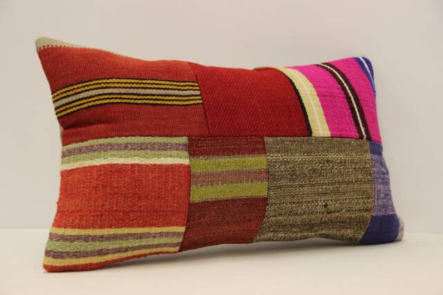 Turkish Kilim Pillow Cover, Vintage Wool Patchwork Lumbar Cushion - 12x20 In - image 1