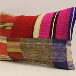 Turkish Kilim Pillow Cover, Vintage Wool Patchwork Lumbar Cushion - 12x20 In - thumbnail 3