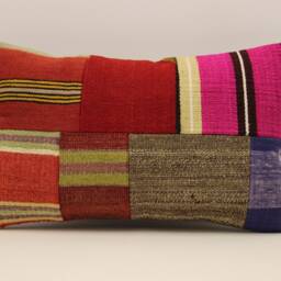 Turkish Kilim Pillow Cover, Vintage Wool Patchwork Lumbar Cushion - 12x20 In - thumbnail 2