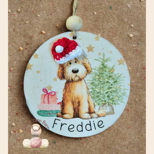 Personalized Dog Breed Christmas Bauble - Handmade Wooden Ornament With Crochet Santa Hat - image 1
