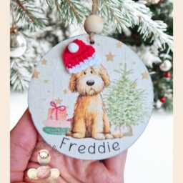 Personalized Dog Breed Christmas Bauble - Handmade Wooden Ornament With Crochet Santa Hat - thumbnail 2