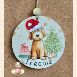 Personalized Dog Breed Christmas Bauble - Handmade Wooden Ornament With Crochet Santa Hat
