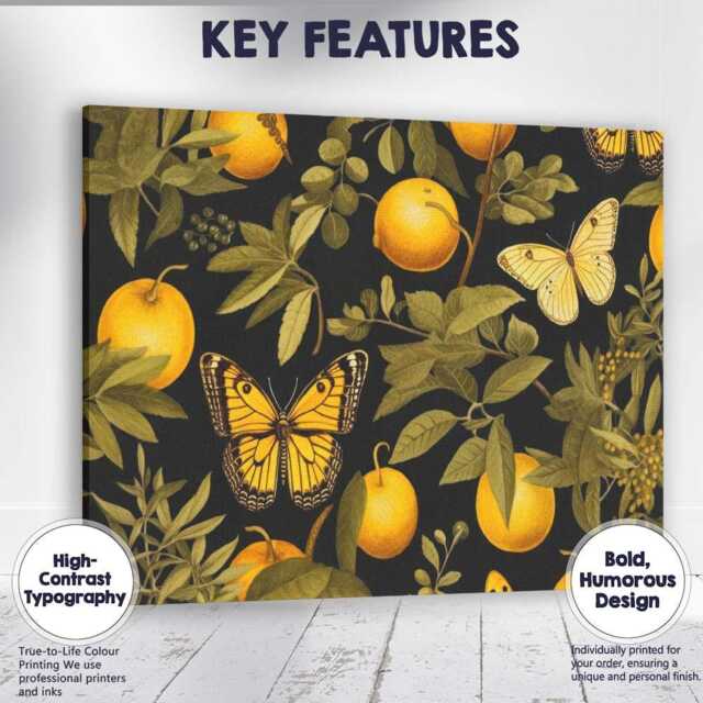 Vintage Lemon Butterfly Botanical Pattern Canvas Wall Art Print Decor Picture Ready To Hang - image 1