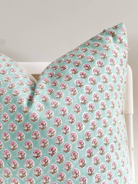 Block Print Pillow Cover Floral Batik, Ethnic Indian Textile - 20x20 - image 1