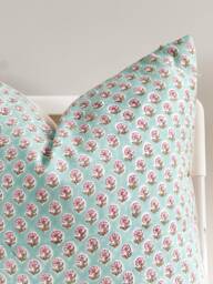 Block Print Pillow Cover Floral Batik, Ethnic Indian Textile - 20x20 - thumbnail 1