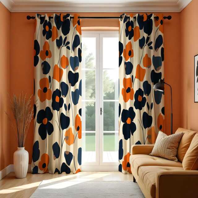 Bold Orange & Navy Floral Curtains, Modern Oversized Flower Pattern Drapes, Contemporary Retro Botanical Home Decor - image 1