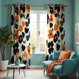 Bold Orange & Navy Floral Curtains, Modern Oversized Flower Pattern Drapes, Contemporary Retro Botanical Home Decor - thumbnail 2