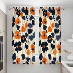Bold Orange & Navy Floral Curtains, Modern Oversized Flower Pattern Drapes, Contemporary Retro Botanical Home Decor - thumbnail 4