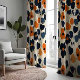 Bold Orange & Navy Floral Curtains, Modern Oversized Flower Pattern Drapes, Contemporary Retro Botanical Home Decor - thumbnail 3