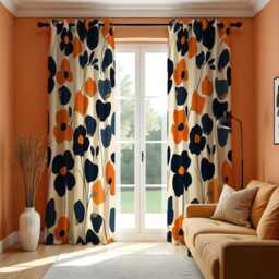 Bold Orange & Navy Floral Curtains, Modern Oversized Flower Pattern Drapes, Contemporary Retro Botanical Home Decor